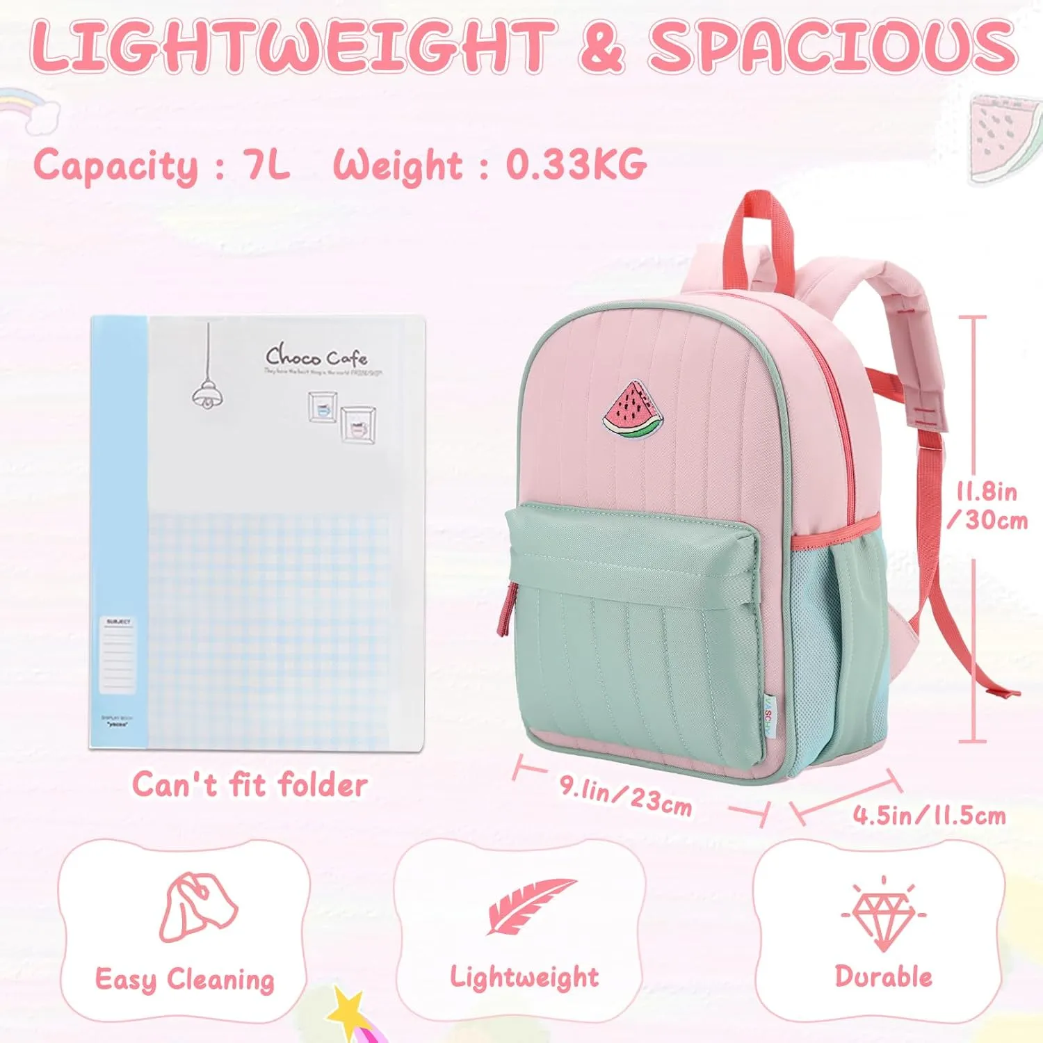 VASCHY Toddler Girls Backpack, Kids' Small Lightweight Quilted Color-blocked Bookbag School Backpack for Kindergarten Children Light Pink Green