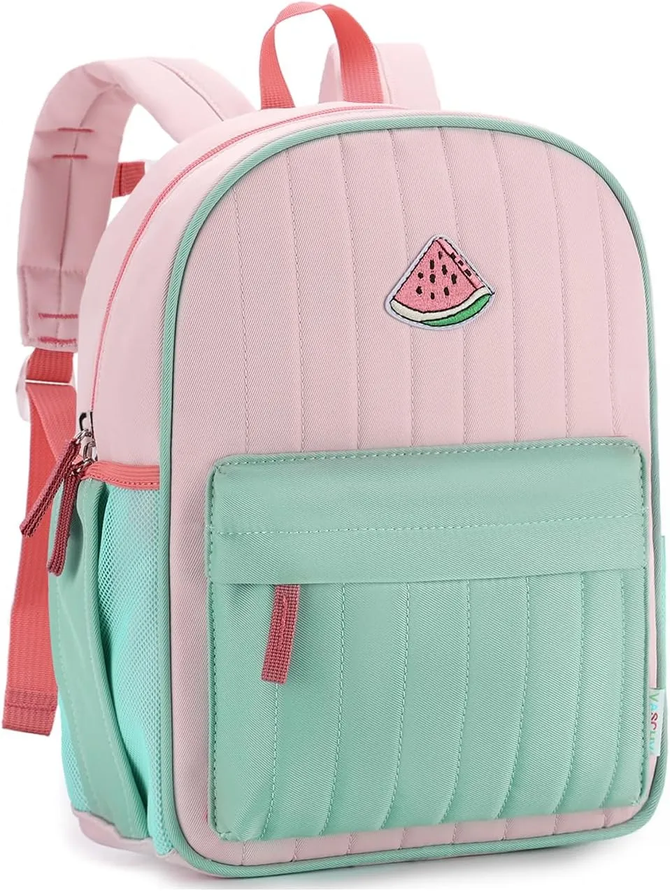 VASCHY Toddler Girls Backpack, Kids' Small Lightweight Quilted Color-blocked Bookbag School Backpack for Kindergarten Children Light Pink Green