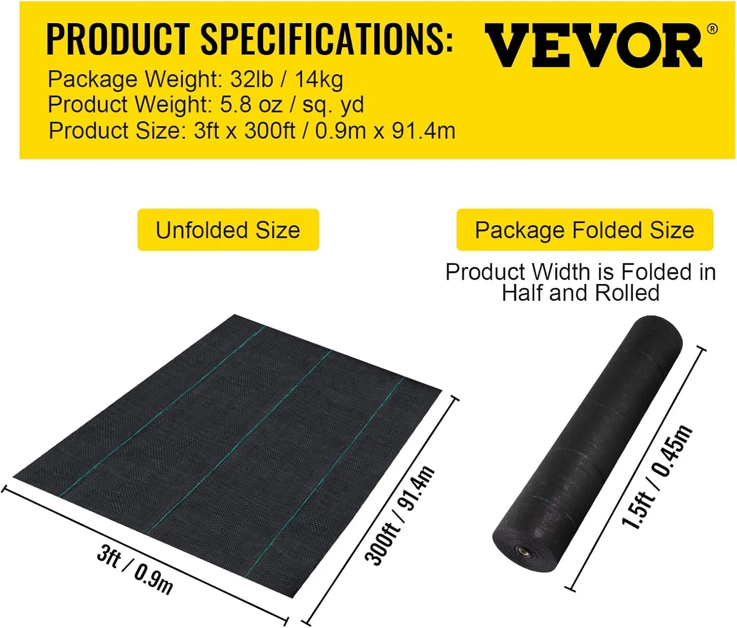 VEVOR Weed Fabric Barrier Heavy Duty, 3x300 FT, 5.8oz Weed Blocker Fabric, Woven Landscape Fabric, Garden Fabric Weed Barrier, Weed Control Fabric Ground Cover, Geotextile Fabric, Gardening Mat, Black