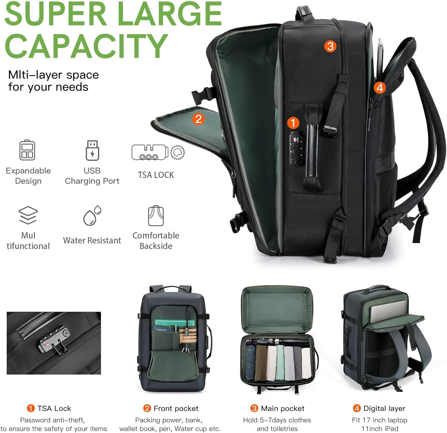 VGOAL Carry on Backpack, 40L Expandable Travel Weekender Overnight Luggage Bag Extra Large Backpack Fit up to 17.3" Laptop