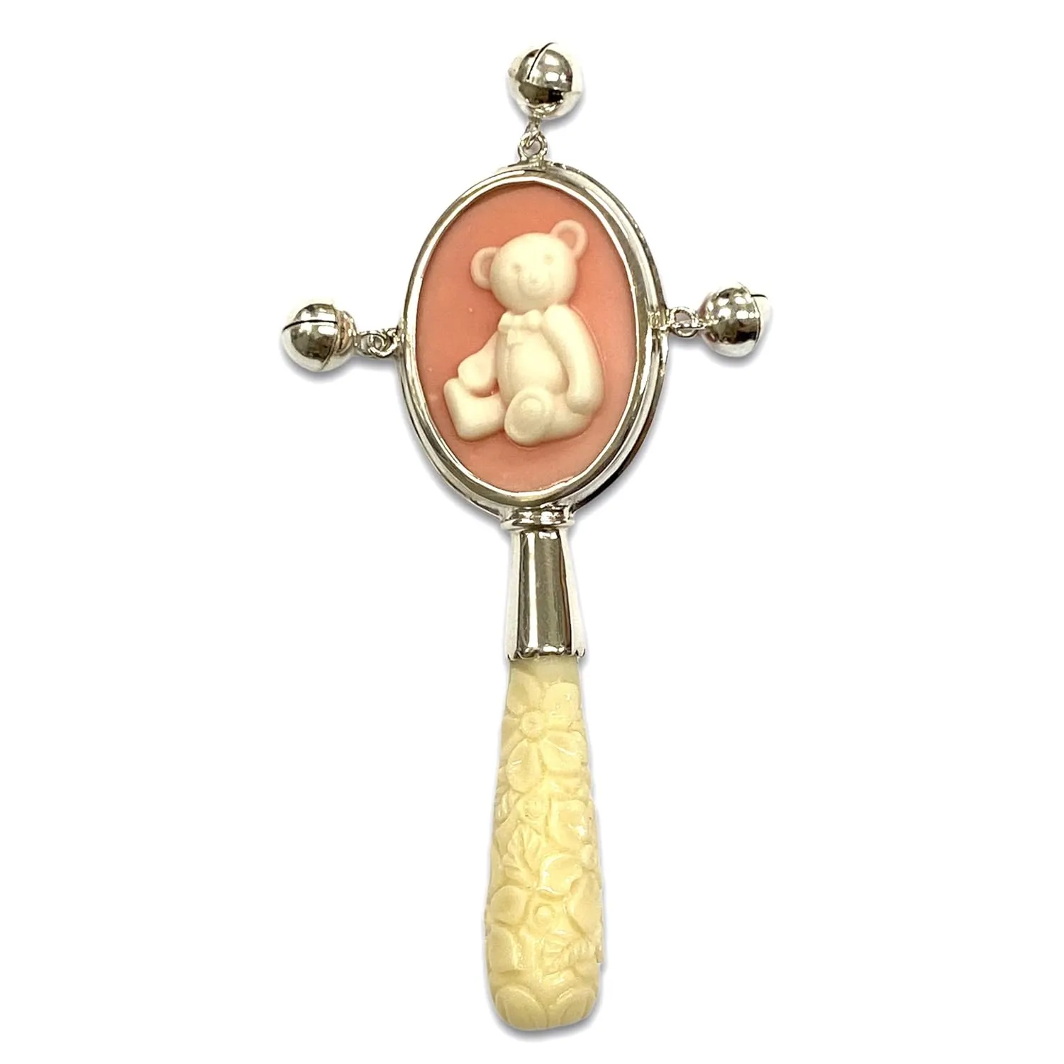 Victorian Style Teddy Bear Pink Cameo Baby Rattle with Carved Resin Handle
