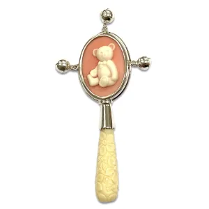Victorian Style Teddy Bear Pink Cameo Baby Rattle with Carved Resin Handle