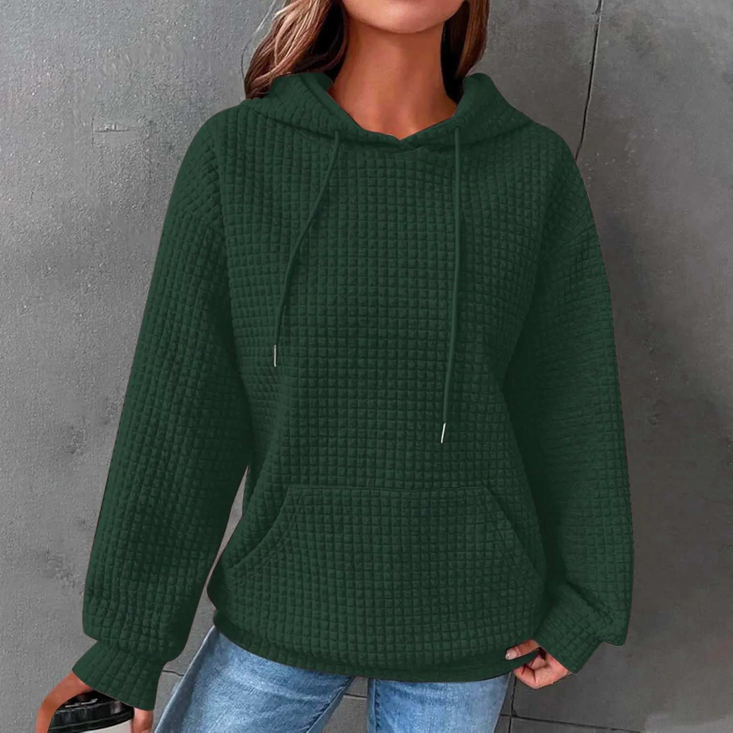 Waffle Hooded Sweatshirts for Women Long Sleeve Fall Hoodies Womens Plain Pullover Sweatshirt Trendy 2024