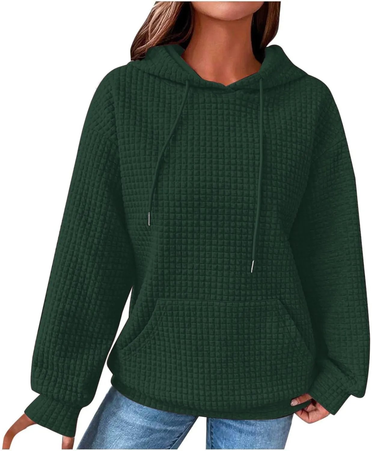 Waffle Hooded Sweatshirts for Women Long Sleeve Fall Hoodies Womens Plain Pullover Sweatshirt Trendy 2024
