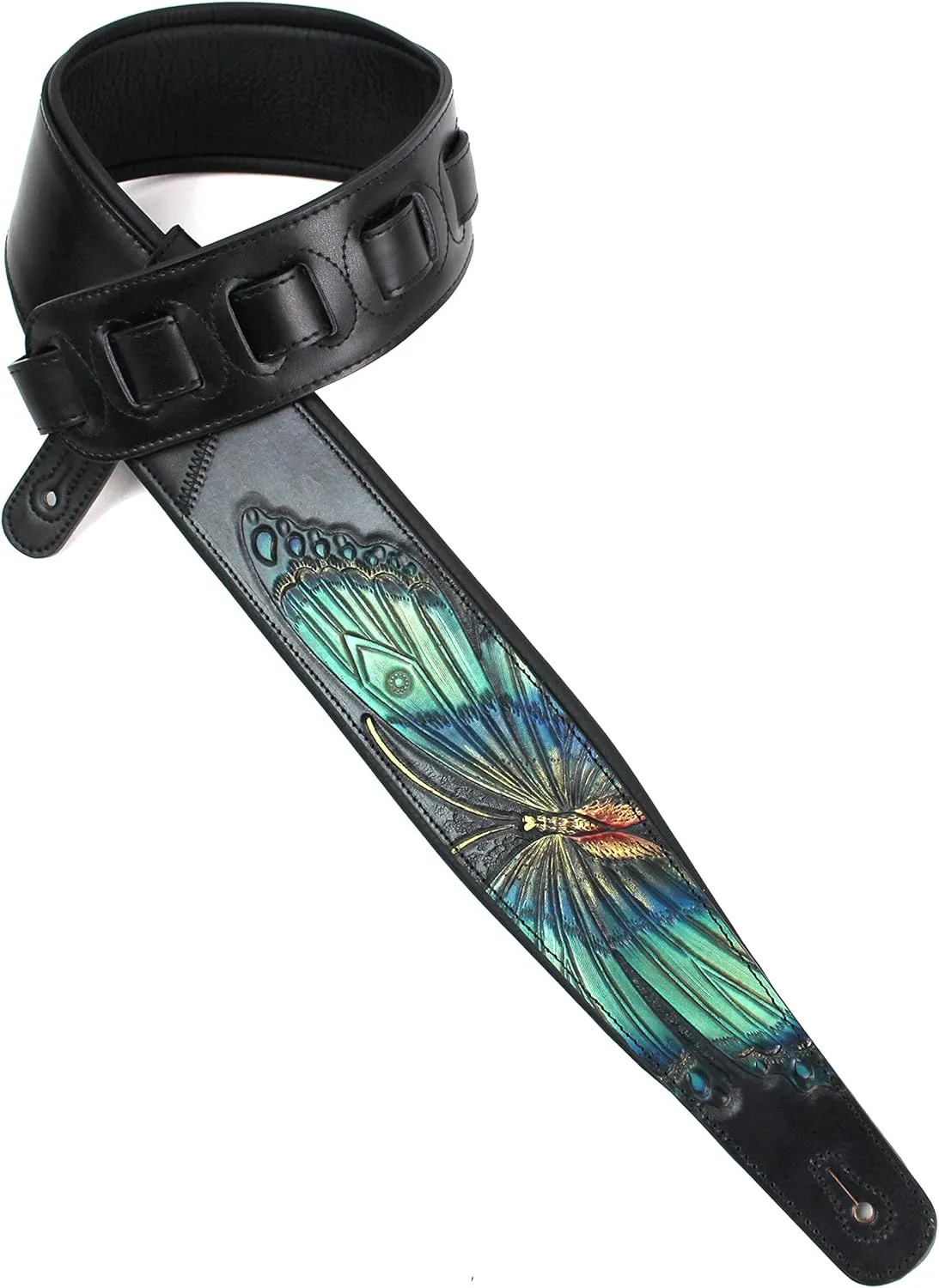 Walker And Williams KB-57 Handmade Large Vivid Blue Butterfly Padded Guitar Strap Hand Carved On Premium Black Carving Leather For Acoustic, Electric, And Bass Guitars
