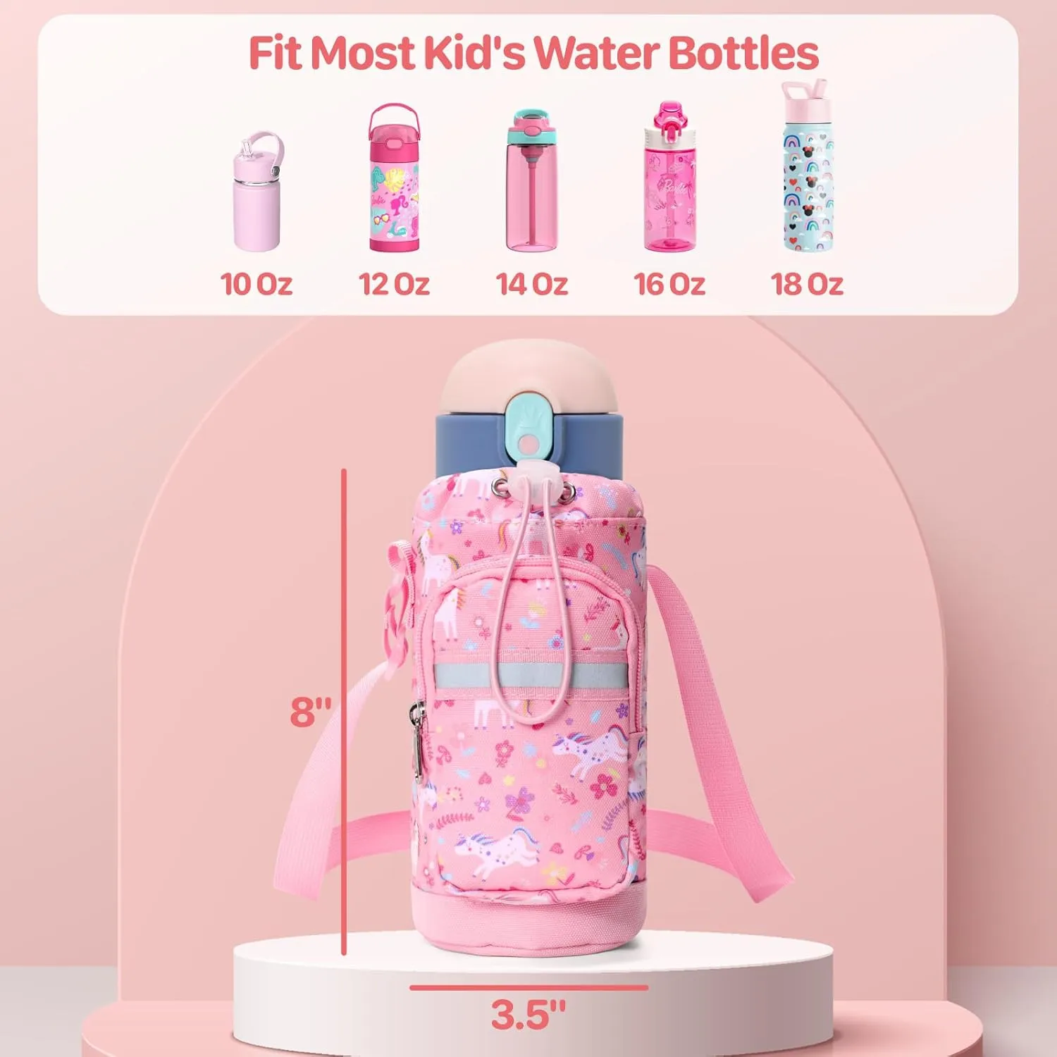 Water Bottle Carrier for Kids - Water Bottle Holder with Strap, Boys Girls Water Bottle Sling Bag for 10/12/14/16/18Oz Water Bottles Walking Hiking Camping (Height 8" Diameter 3.5")