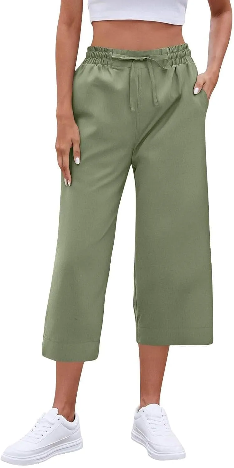 Wide Leg Capri Pants for Women Elastic High Waist Straight Leg Palazzo Trousers Summer Beach Vacation Lounge Pants