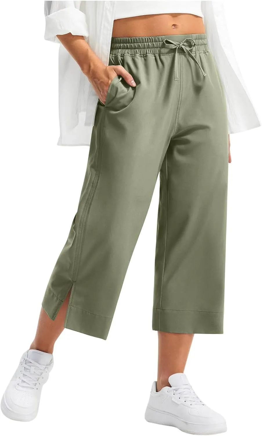 Wide Leg Capri Pants for Women Elastic High Waist Straight Leg Palazzo Trousers Summer Beach Vacation Lounge Pants