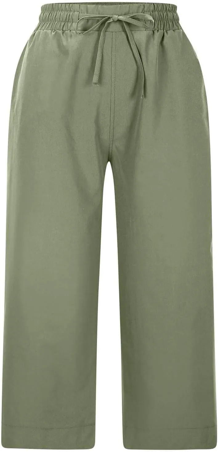 Wide Leg Capri Pants for Women Elastic High Waist Straight Leg Palazzo Trousers Summer Beach Vacation Lounge Pants