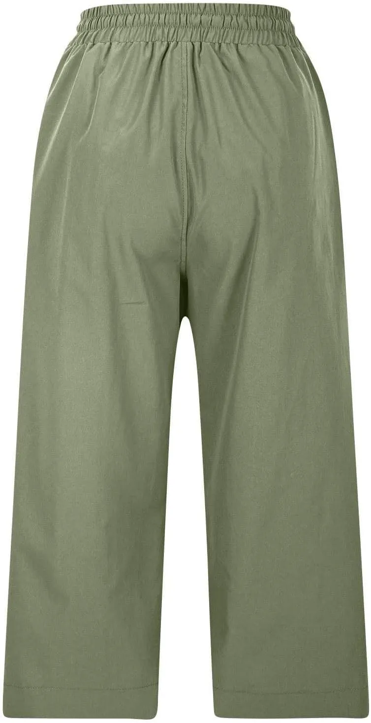 Wide Leg Capri Pants for Women Elastic High Waist Straight Leg Palazzo Trousers Summer Beach Vacation Lounge Pants
