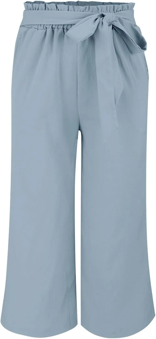 Wide Leg Capri Pants for Women High Waisted Adjustable Bow Tie Palazzo Pants Dressy Casual Flowy Capris with Pockets