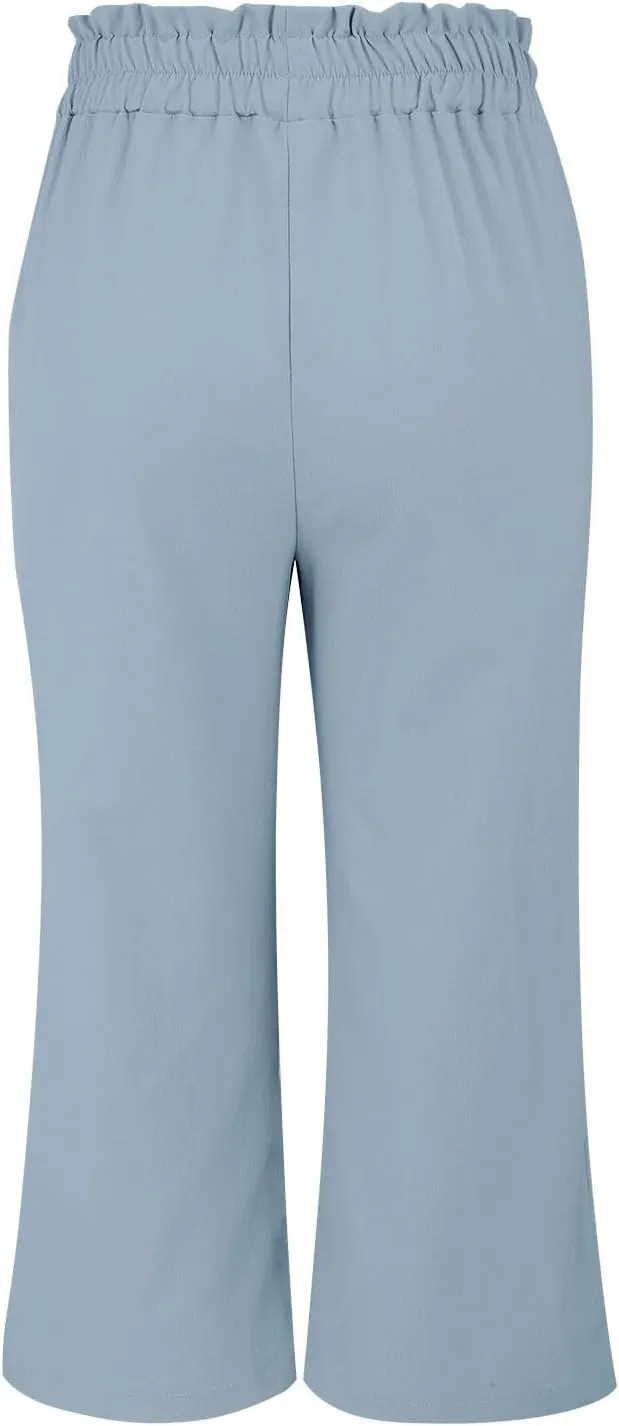 Wide Leg Capri Pants for Women High Waisted Adjustable Bow Tie Palazzo Pants Dressy Casual Flowy Capris with Pockets