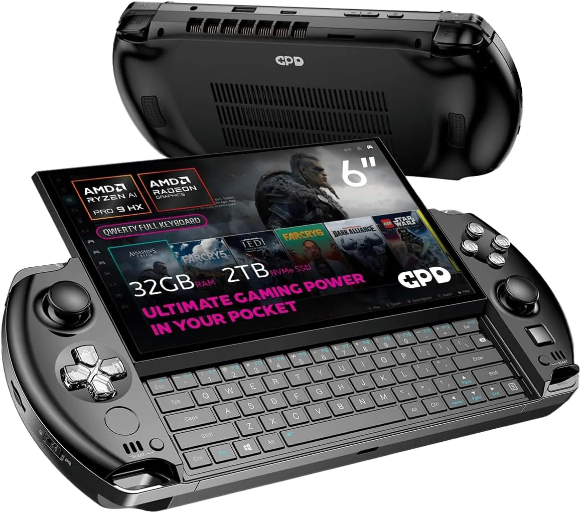Win 4 2025 Handheld Gaming PC with AMD Ryzen AI 9 HX 370, 12C/24T, 5.1GHz, Radeon 890M, 32GB LPDDR5X RAM, 2TB SSD, 6" 1080P Display, OcuLink Slide up Backlit Keyboard, Portable Gaming Console
