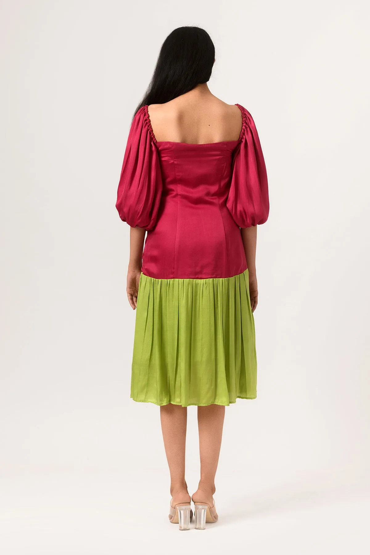 Wine-Green Color Blocked Gather Dress