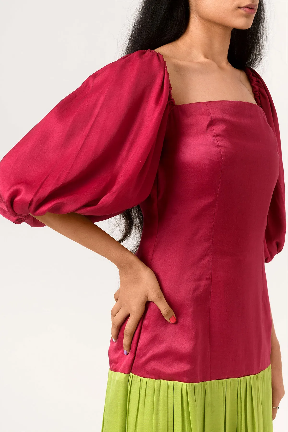 Wine-Green Color Blocked Gather Dress