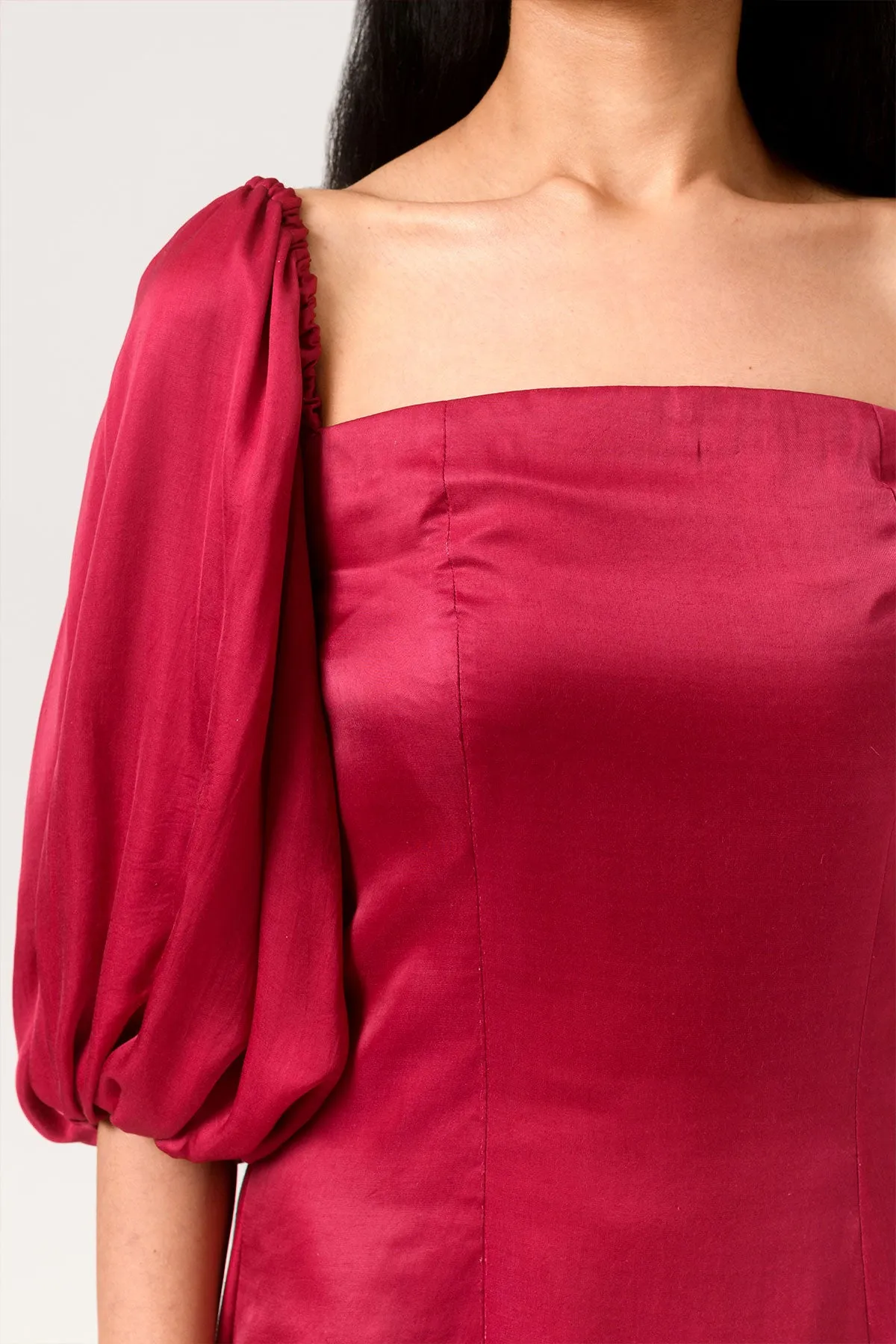 Wine-Green Color Blocked Gather Dress