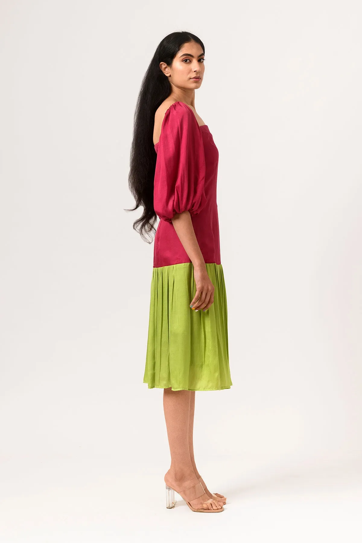 Wine-Green Color Blocked Gather Dress