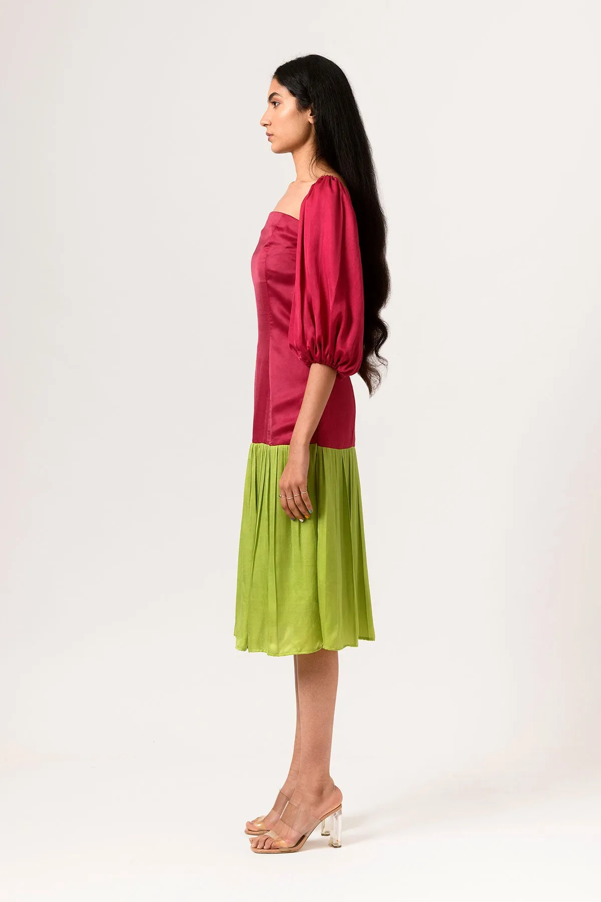 Wine-Green Color Blocked Gather Dress