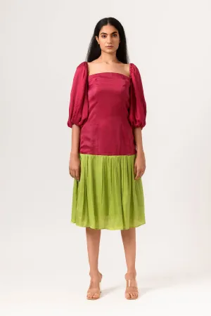 Wine-Green Color Blocked Gather Dress