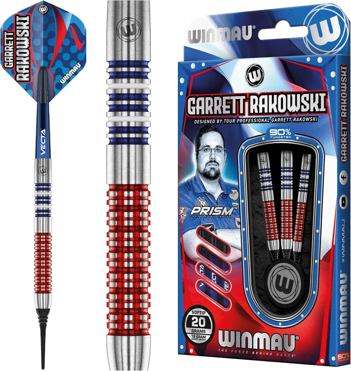 Winmau Garrett Rakowski | 18g Barrel Weight | 20g Full Weight | Tungsten Darts Set | Softip (Plastic Tips) | Dart Flights | Dart Shafts (Stems)