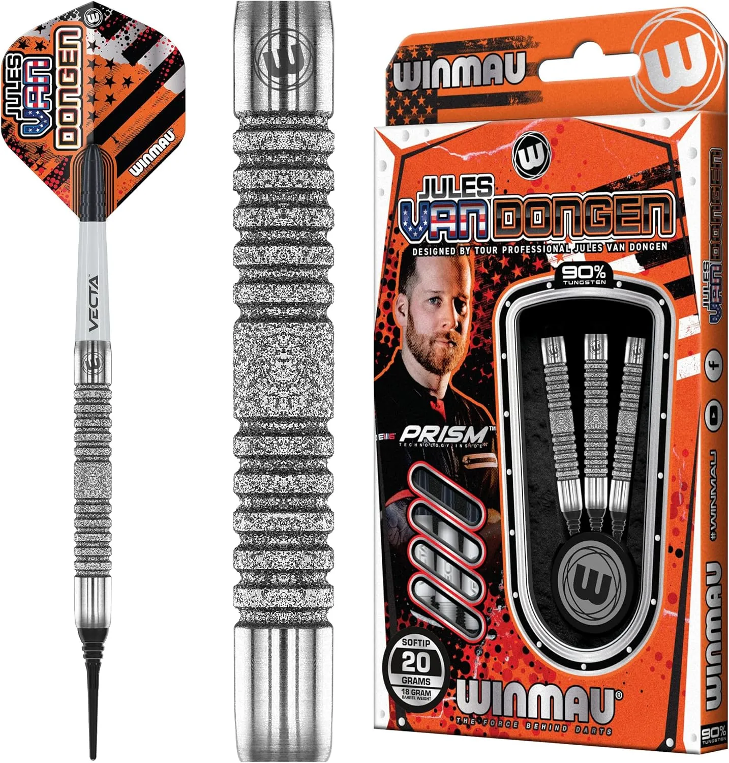 Winmau Jules Van Dongen | 18g Barrel Weight | 20g Full Weight | Tungsten Darts Set | Softip (Plastic Tips) | Dart Flights | Dart Shafts (Stems)