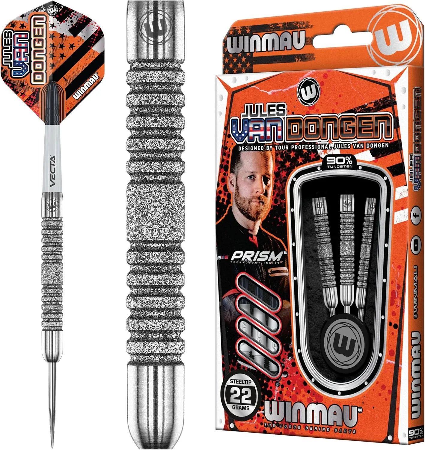 Winmau Jules Van Dongen | 22g | Tungsten Darts Set | Steeltip | Dart Flights | Dart Shafts (Stems)