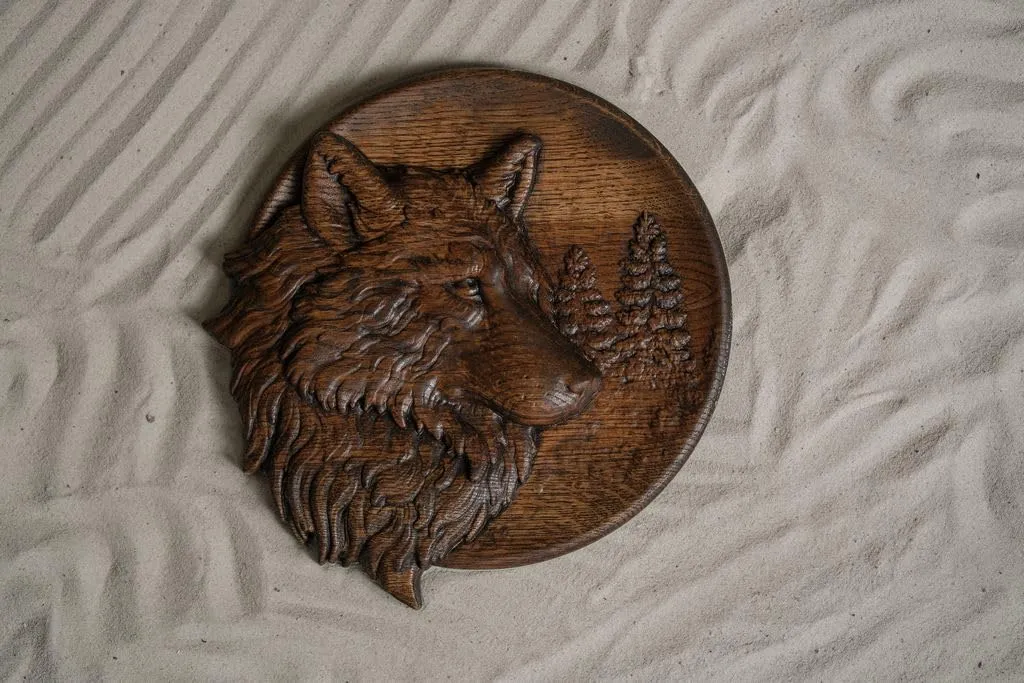 Wolf Wood Carved Panel is meticulously handcrafted in Ukraine, offering a blend of traditional artistry and modern wall art, perfect as a meaningful gift for any occasion