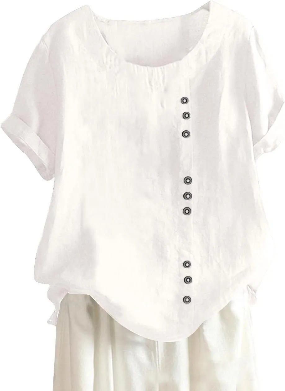 Women Cotton Linen Short Sleeve Shirts Summer Boho Floral Print Blouses Casual Button Loose Tunic Tops