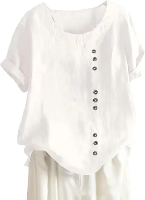 Women Cotton Linen Short Sleeve Shirts Summer Boho Floral Print Blouses Casual Button Loose Tunic Tops