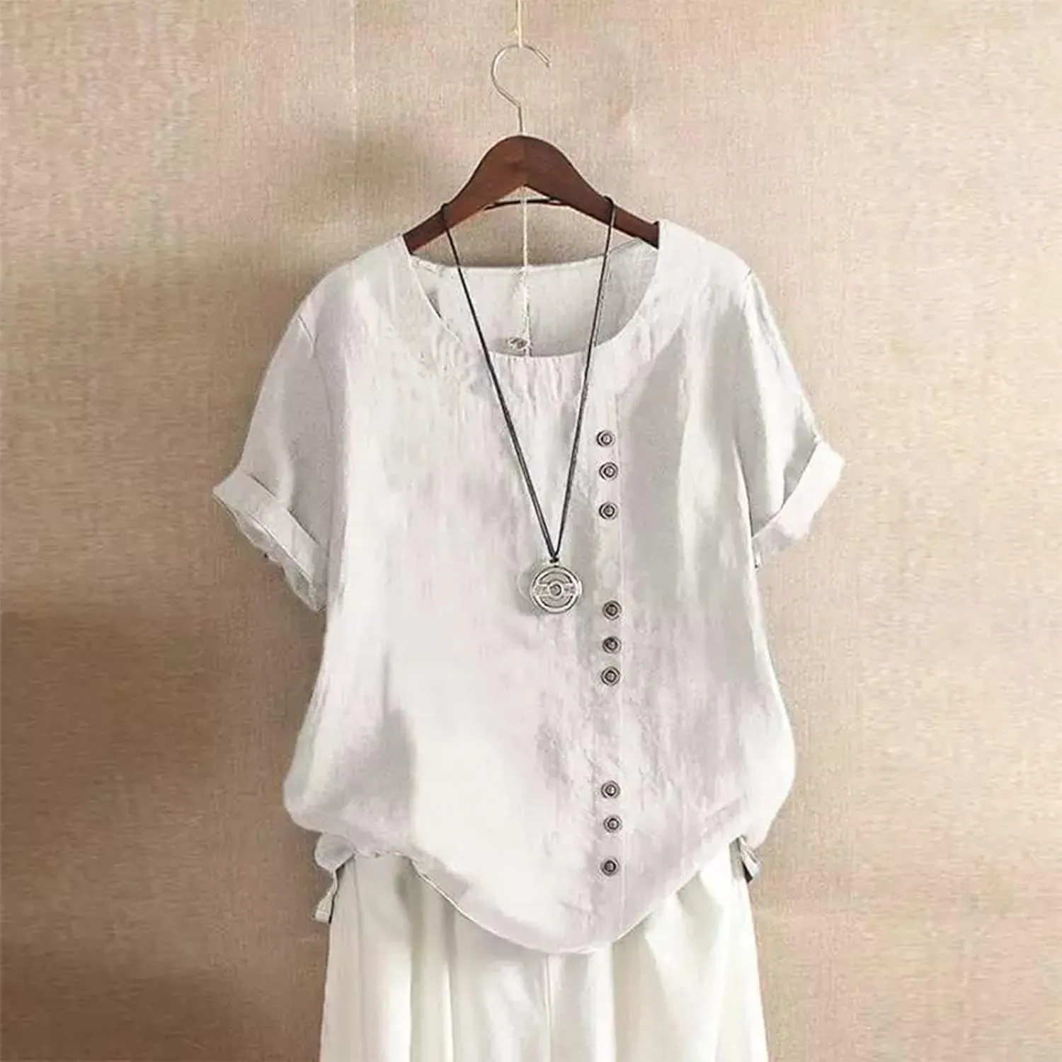 Women Cotton Linen Short Sleeve Shirts Summer Boho Floral Print Blouses Casual Button Loose Tunic Tops