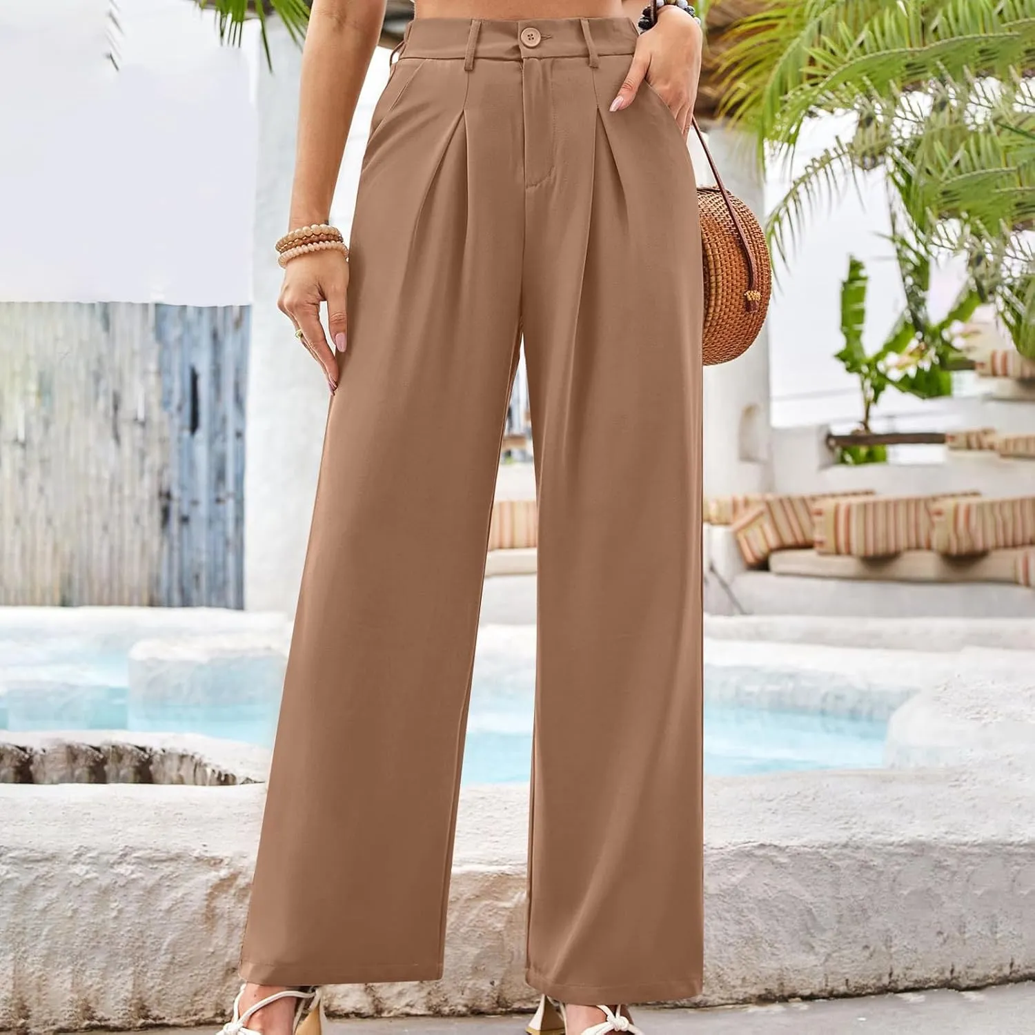 Women High Waist Palazzo Pants Casual Wide Leg Trousers Button Down Loose Work Office Business Suit Pants