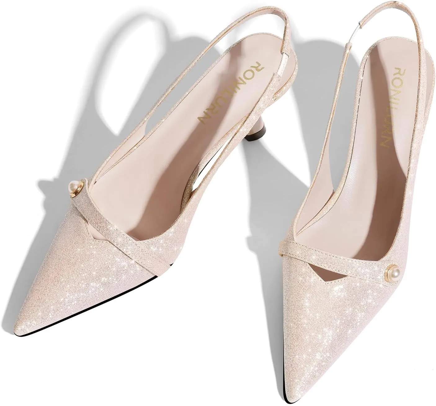 Women Kitten Heels Slingback Low Heel Pumps Dress Shoes for Women Closed Pointed Toe Pearl Heels for Work Wedding Bridal