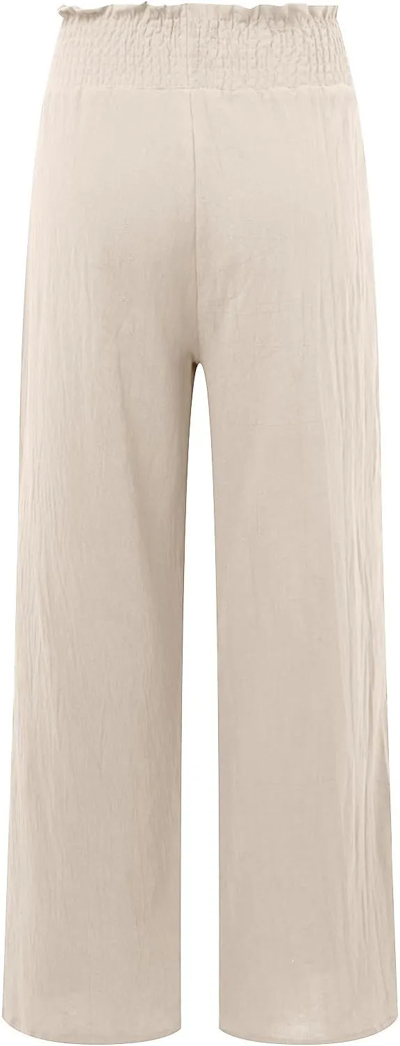 Women Linen Blend Summer Split Flowy Palazzo Lounge Pants Elastic Waist Ankle Length Slim-Fit Palazzo Lounge