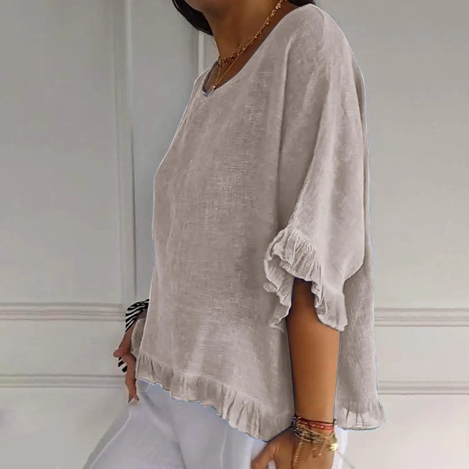 Women Linen Shirts Summer Casual Plus Size Beach Vacation Half Sleeve Gauze Tees Tops Crewneck Cotton Blouses Clothes