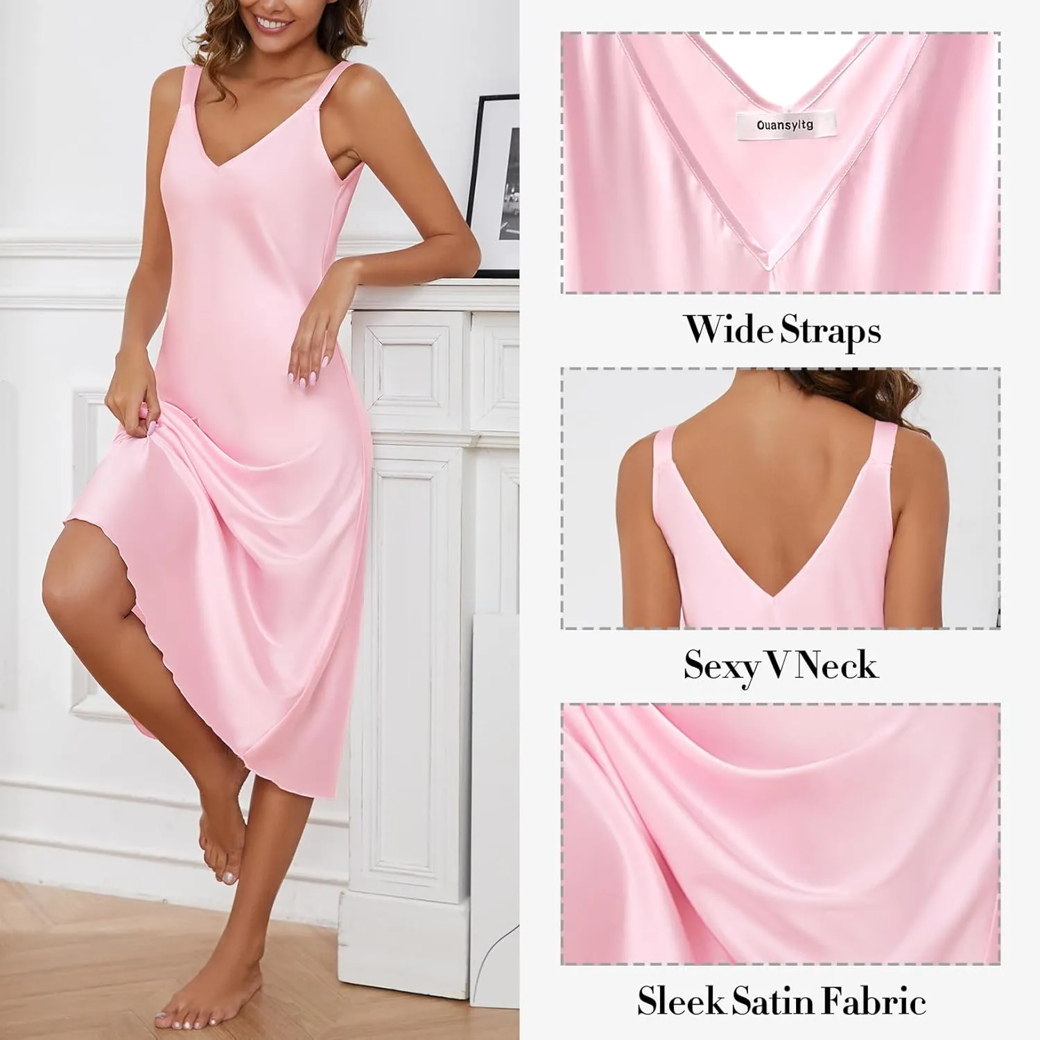 Women Long Satin Nightgown Silk Slips Dress Sexy V Neck Sleepwear Sleeveless Nightshirt Wide Strap Chemise