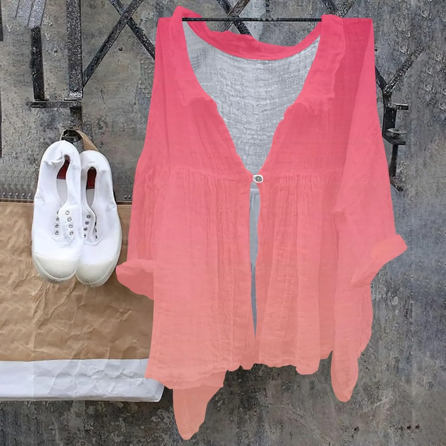 Women Oversized Button Down Shirts Long Sleeve Cotton Linen Tops for Women Loose Fit V Neck Cotton Linen Shirt