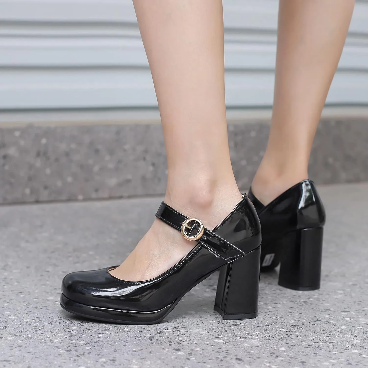 Women Retro Mary Jane Shoes Chunky High Block Heels Patent Leather Buckle Strap Closed Toe Platform Pumps Dress Work Shoes