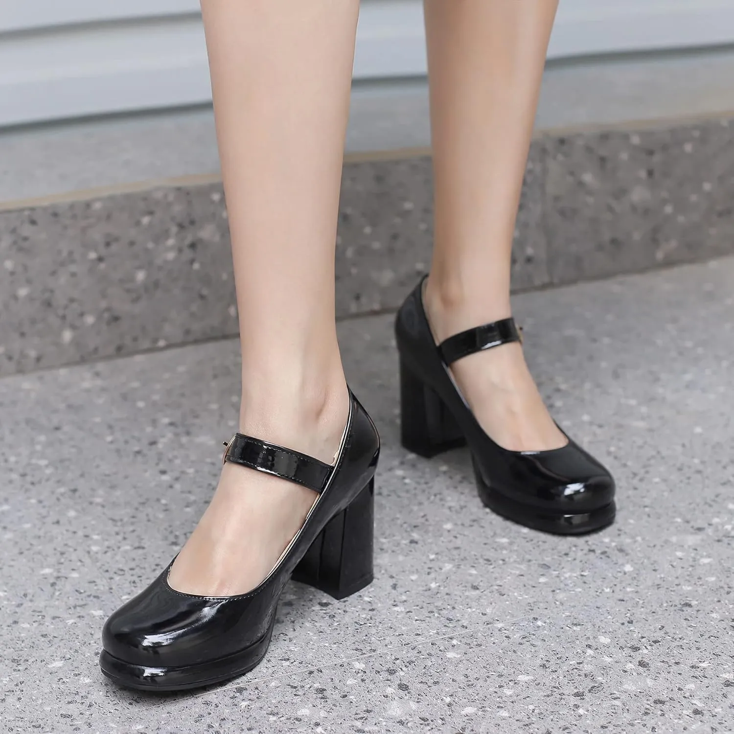 Women Retro Mary Jane Shoes Chunky High Block Heels Patent Leather Buckle Strap Closed Toe Platform Pumps Dress Work Shoes
