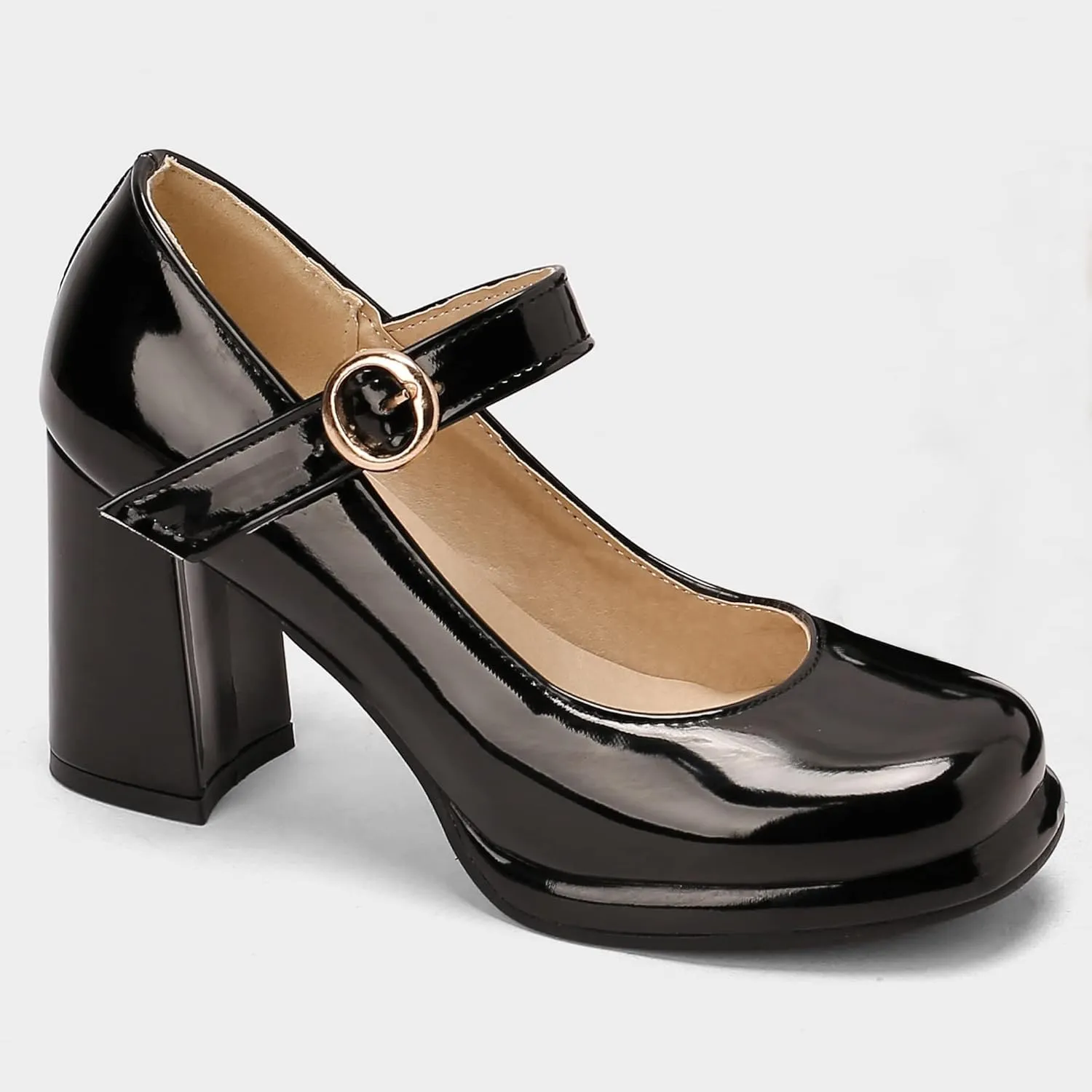 Women Retro Mary Jane Shoes Chunky High Block Heels Patent Leather Buckle Strap Closed Toe Platform Pumps Dress Work Shoes