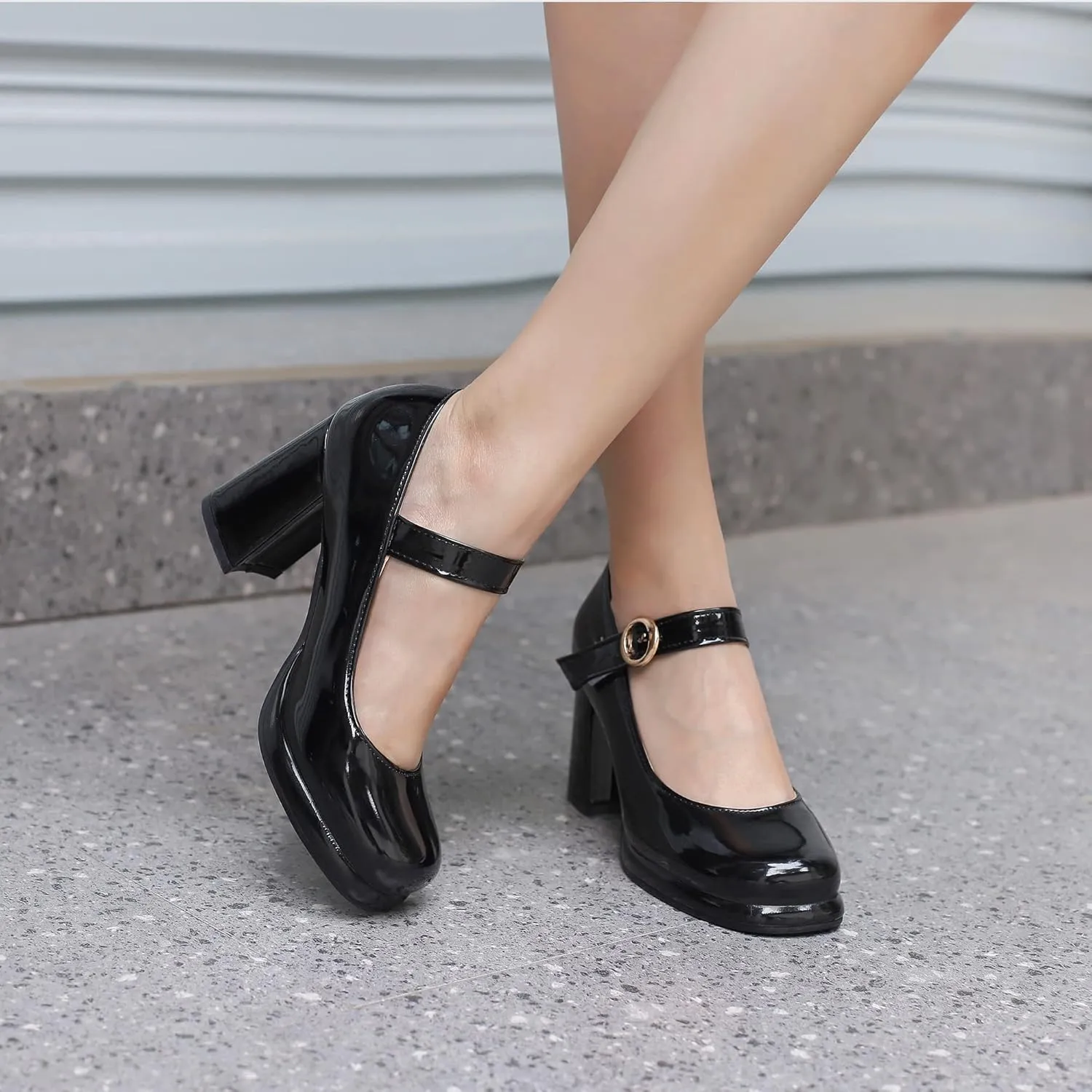 Women Retro Mary Jane Shoes Chunky High Block Heels Patent Leather Buckle Strap Closed Toe Platform Pumps Dress Work Shoes