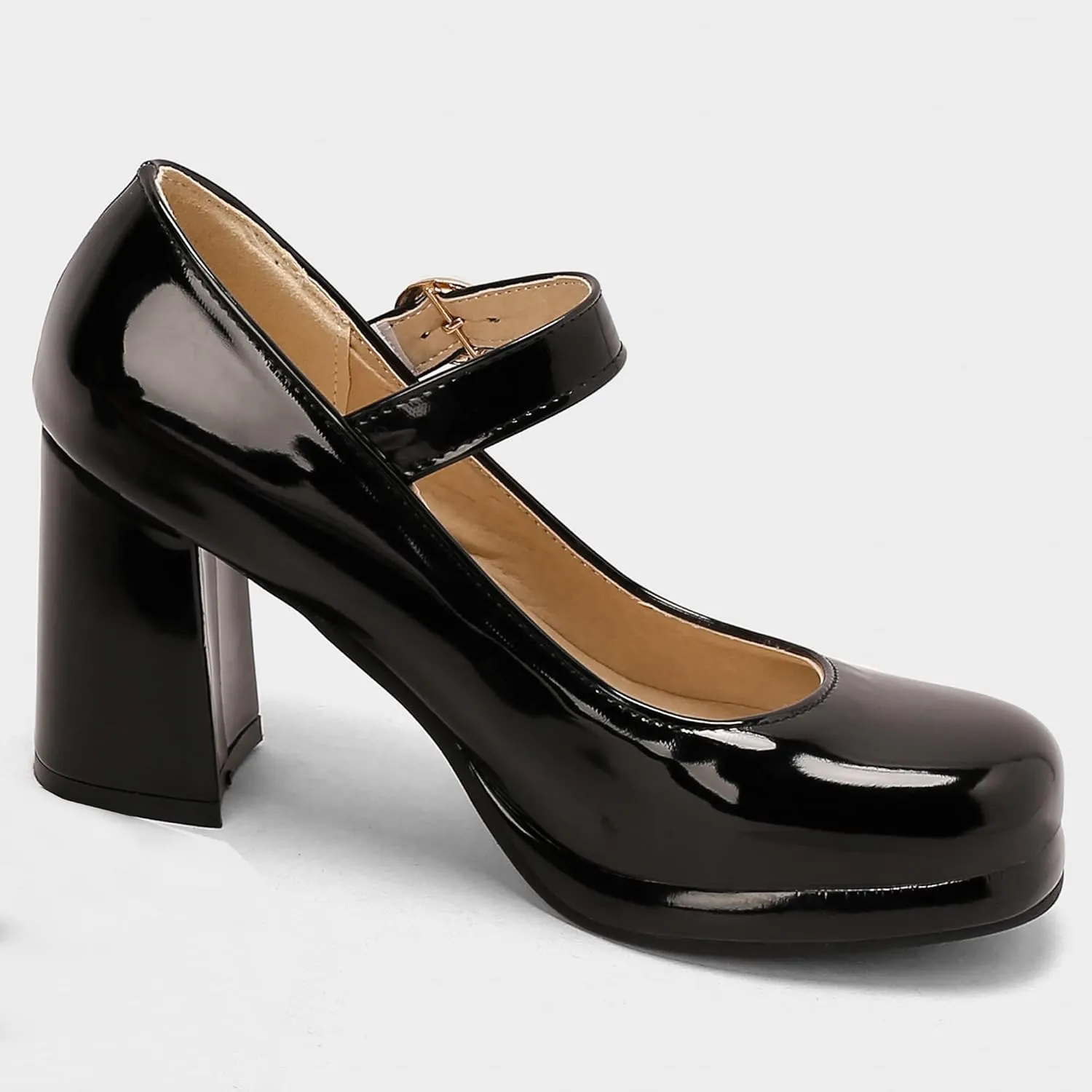 Women Retro Mary Jane Shoes Chunky High Block Heels Patent Leather Buckle Strap Closed Toe Platform Pumps Dress Work Shoes