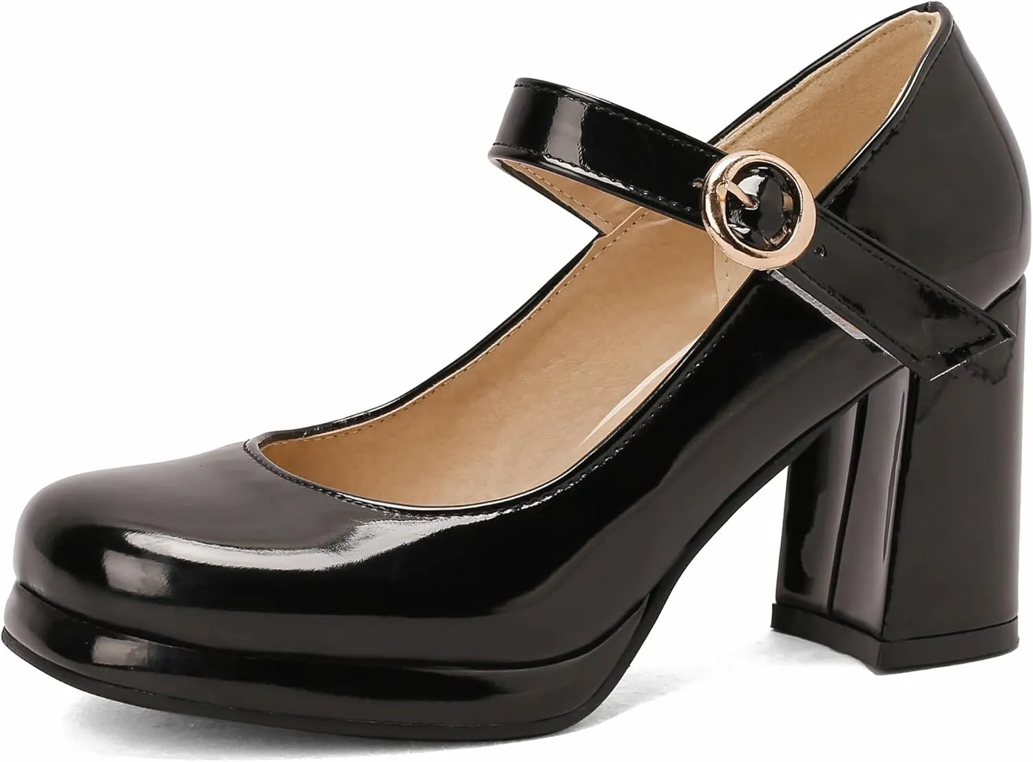 Women Retro Mary Jane Shoes Chunky High Block Heels Patent Leather Buckle Strap Closed Toe Platform Pumps Dress Work Shoes