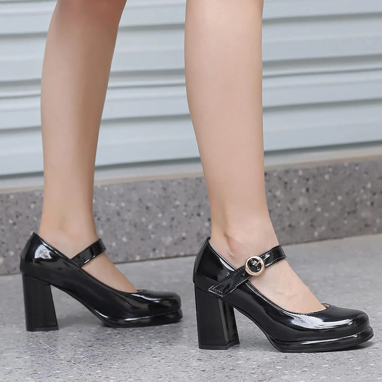 Women Retro Mary Jane Shoes Chunky High Block Heels Patent Leather Buckle Strap Closed Toe Platform Pumps Dress Work Shoes