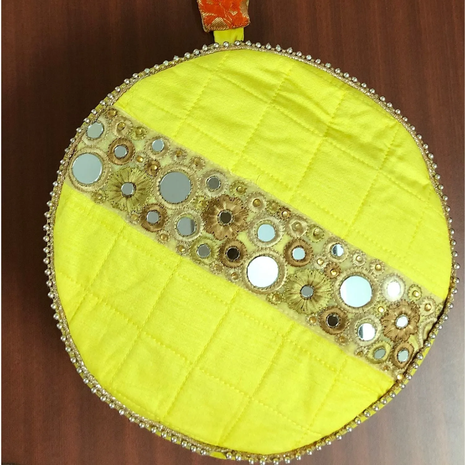 Women Saffron Wrist Bag | Mirror Work & Pearl Embellishments | Wedding Apt
