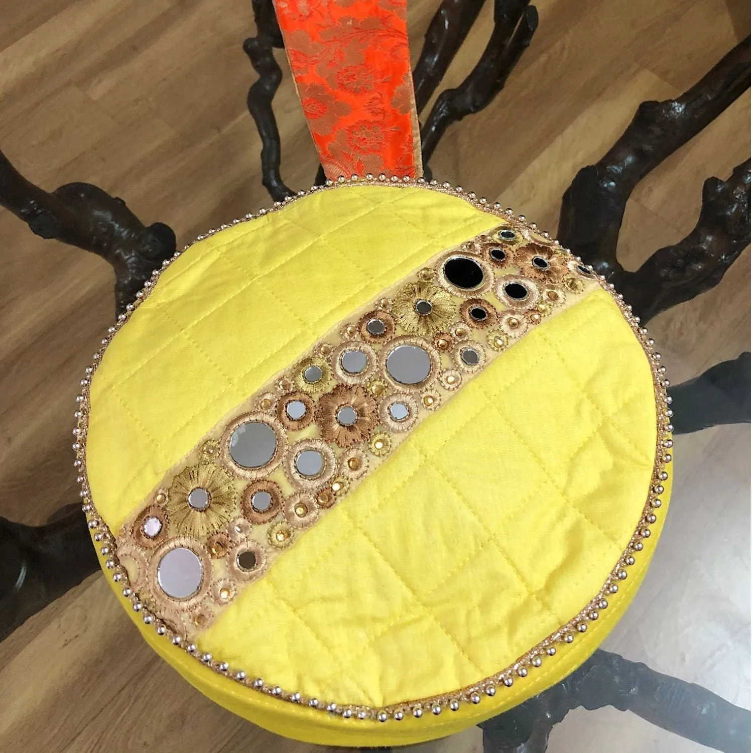 Women Saffron Wrist Bag | Mirror Work & Pearl Embellishments | Wedding Apt