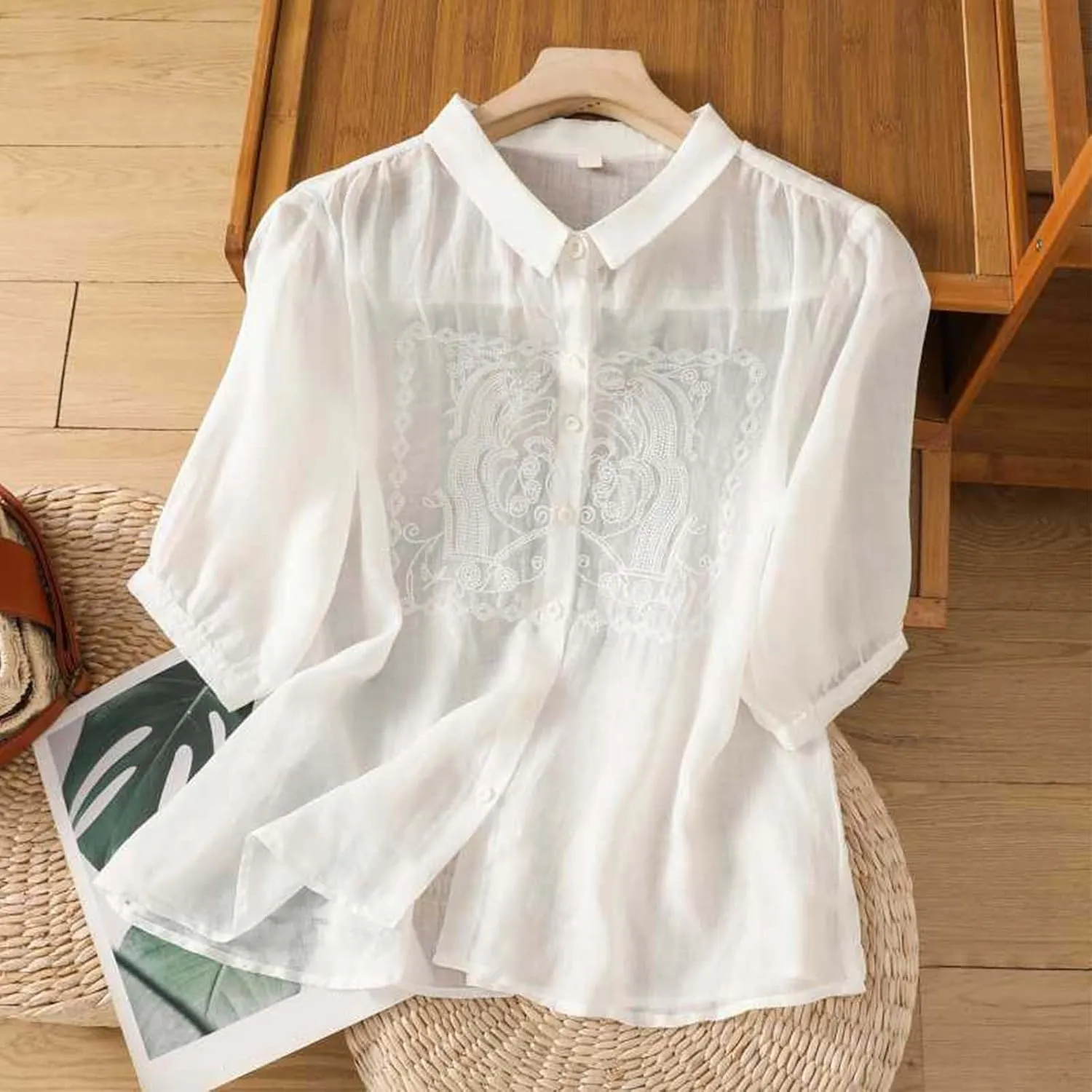 Women Short Sleeve Cotton Linen Shirts Casual Crew Neck Basic T-Shirt Floral Boho Loose Summer Tshirt