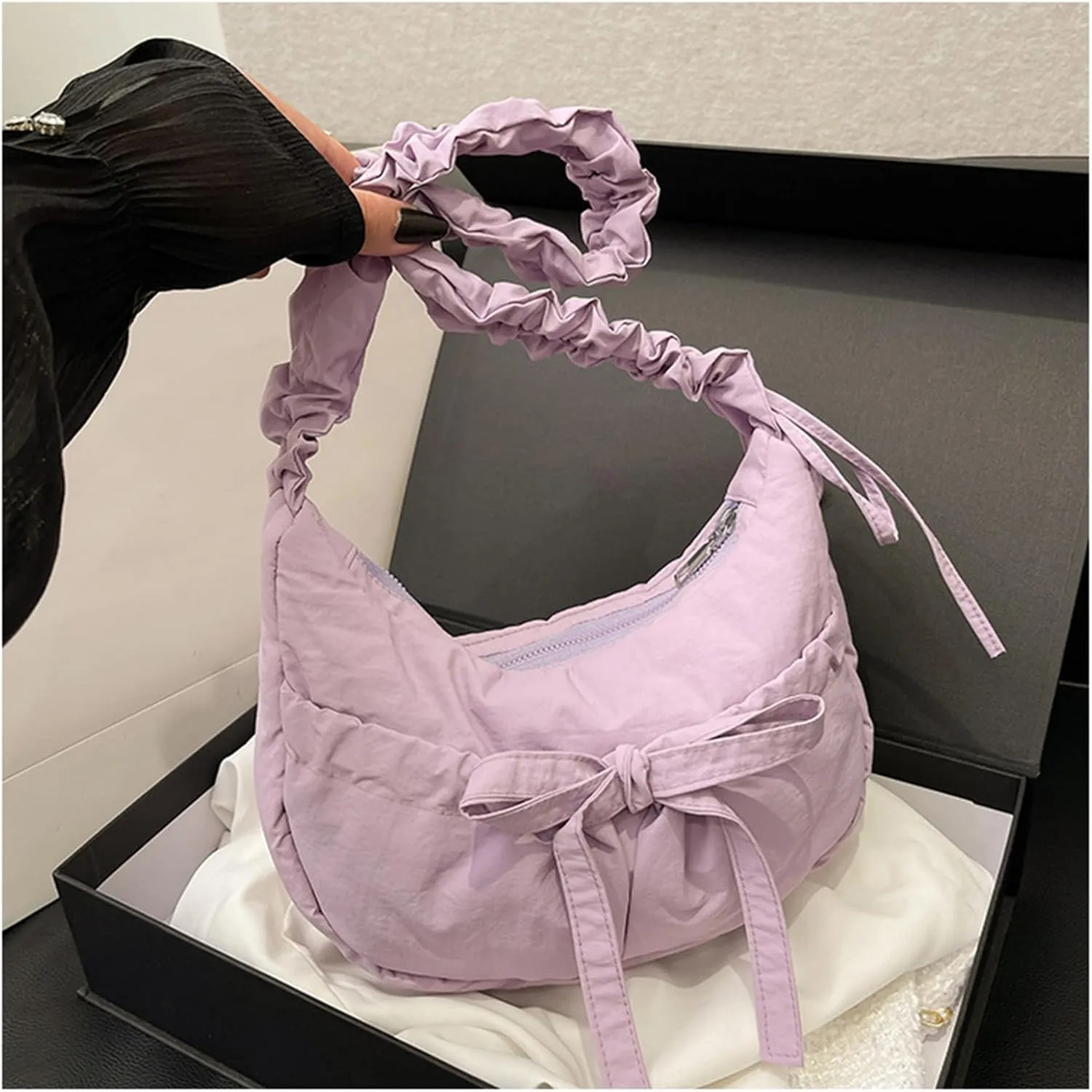 Women Shoulder Bag Lovely Bows Armpit Bag Korean Styles Messengers Bag Shopping Bag Drawstring Crossbody Bag for Daily
