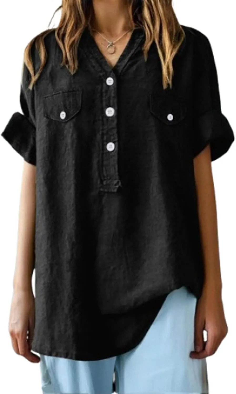 Women Summer Beach Linen Henley Shirts Short Sleeve Button v Neck Tunic Blouses 2025 Trendy Casual Loose Dressy Tops