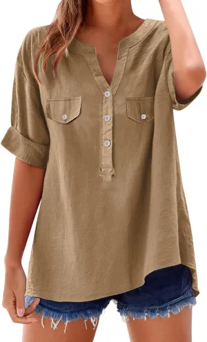 Women Summer Beach Linen Henley Shirts Short Sleeve Button v Neck Tunic Blouses 2025 Trendy Casual Loose Dressy Tops