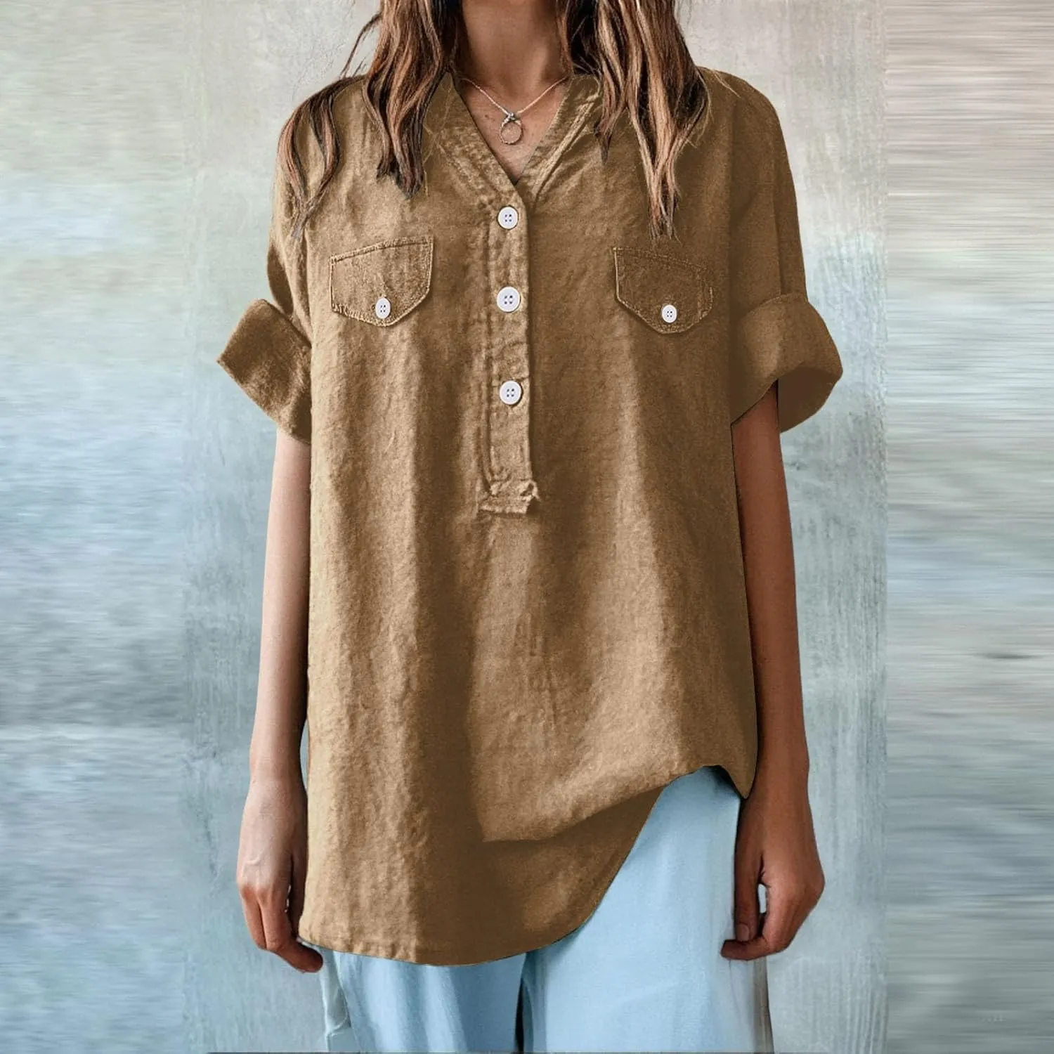 Women Summer Beach Linen Henley Shirts Short Sleeve Button v Neck Tunic Blouses 2025 Trendy Casual Loose Dressy Tops